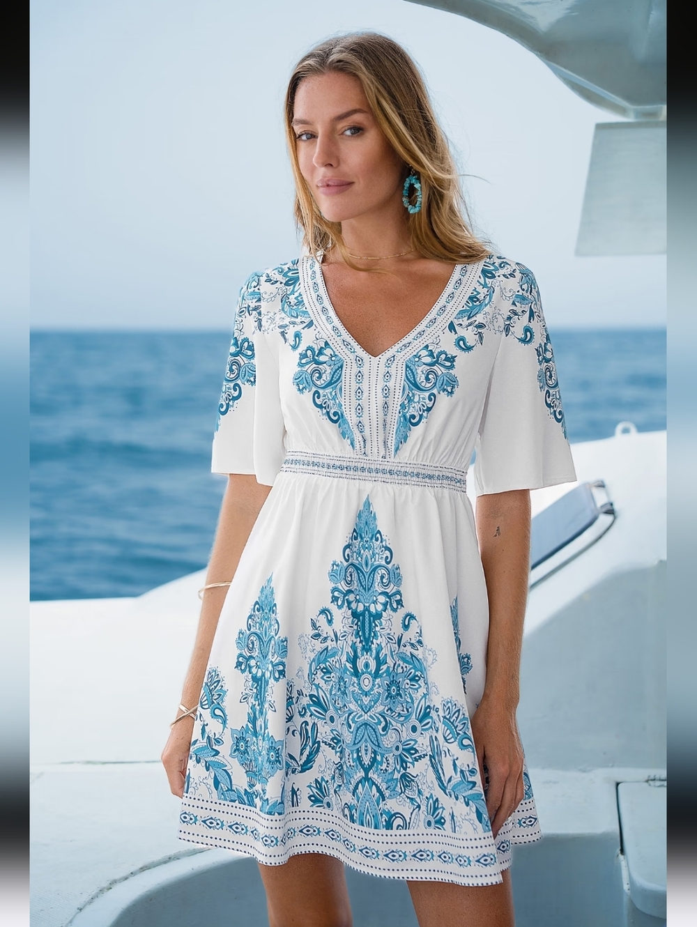 Cupshe Boho Days Paisley Blue& White Mini Dress Size L NEW